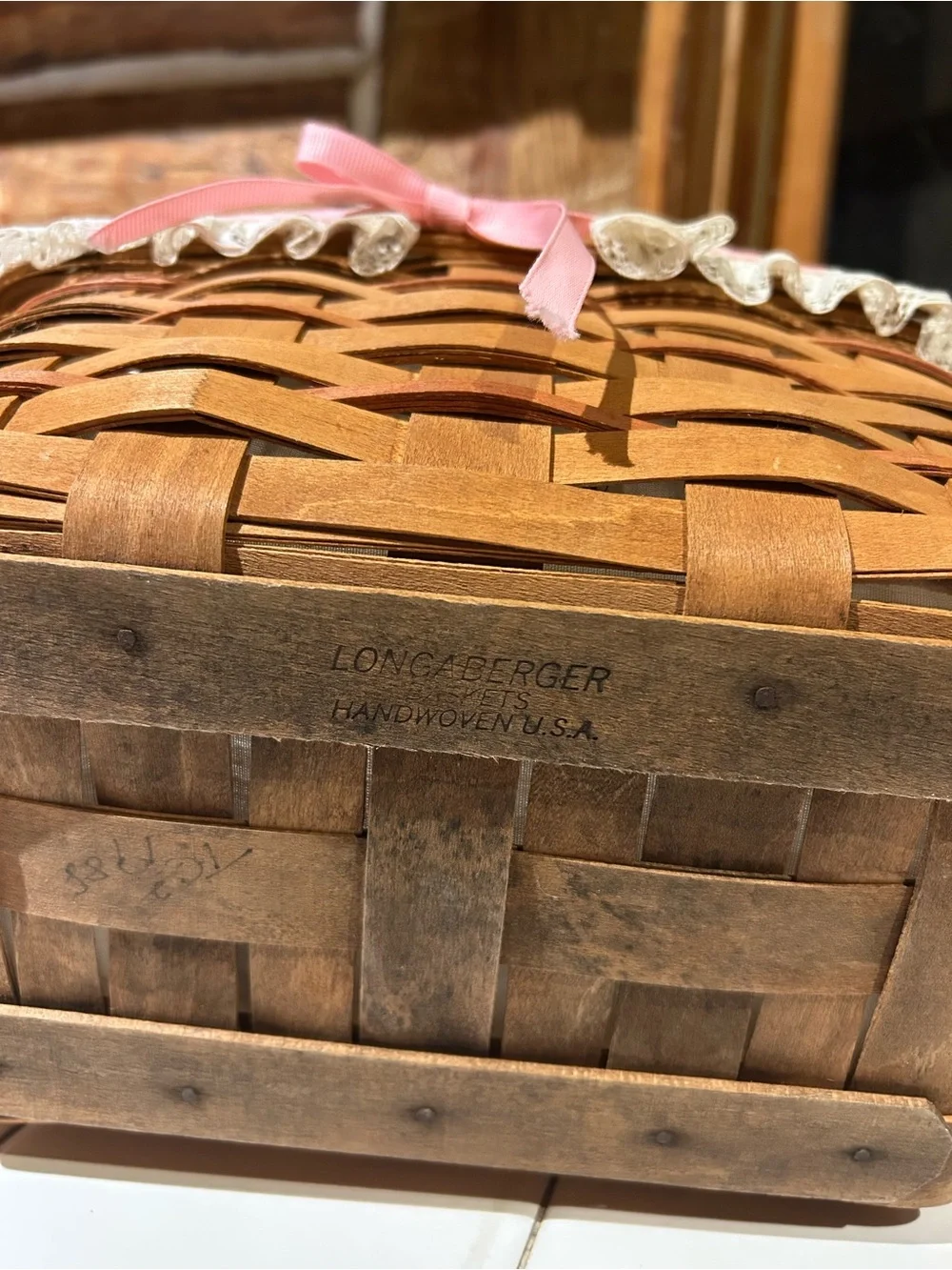 1988 Lonaberger Woven Wood Basket with Cream Liner and Pink Trim
